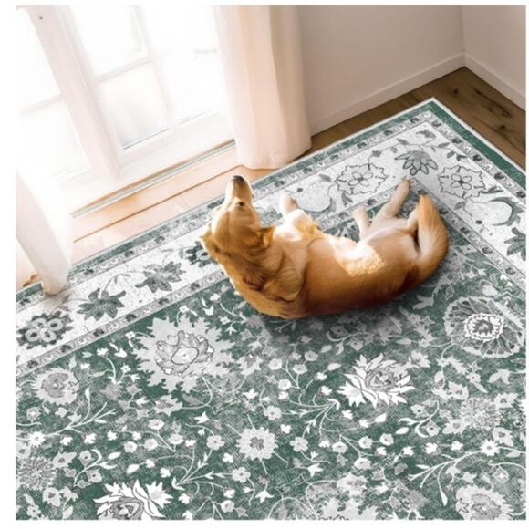 5’x7’ Washable Area Rug Machine Washable Vintage Carpet, Green - Picture 3 of 7